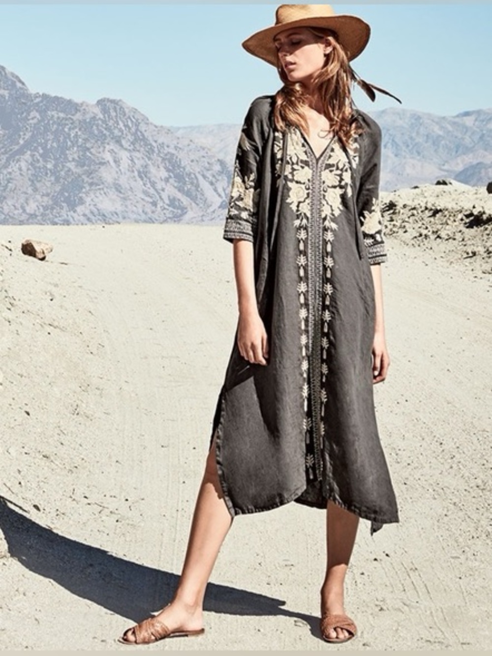 Johnny Was Plus Gray Carmelita Embroidered Linen Peasant Dress Sz XS Womens